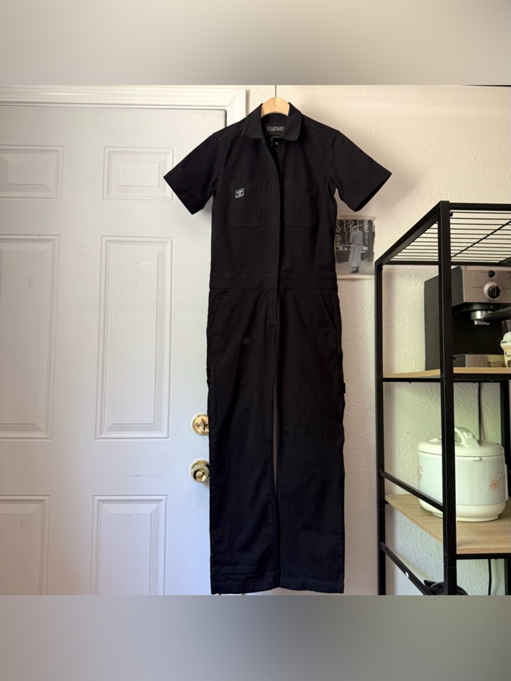 WILDFANG black workwear utility coverall cotton zip up short sleeve jumpsuit